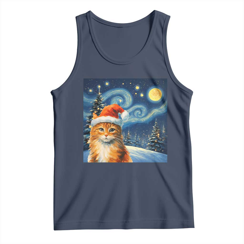 Christmas Van Gogh Cat Tank Top In Santa Hat Starry Night TS12 Navy Print Your Wear