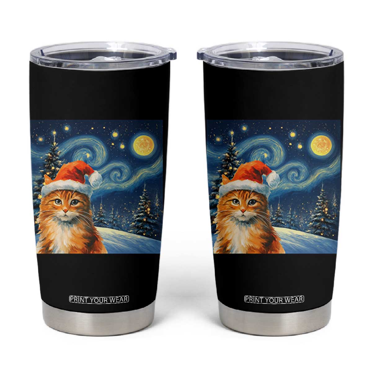 Christmas Van Gogh Cat Tumbler Cup In Santa Hat Starry Night TS12 Black Print Your Wear