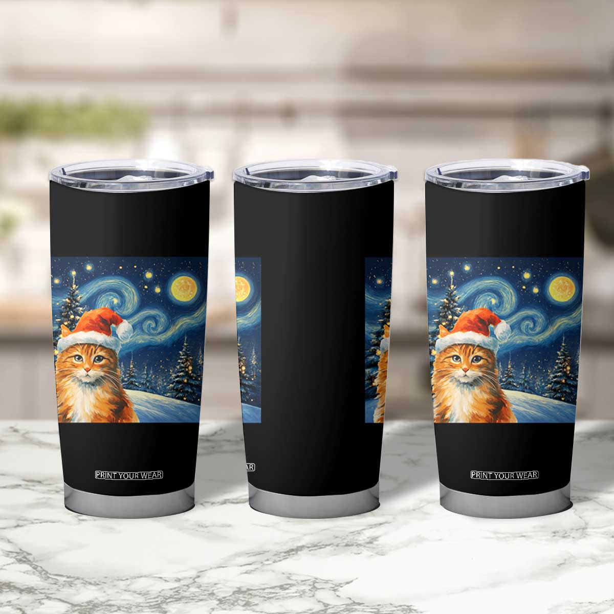 Christmas Van Gogh Cat Tumbler Cup In Santa Hat Starry Night TS12 Print Your Wear