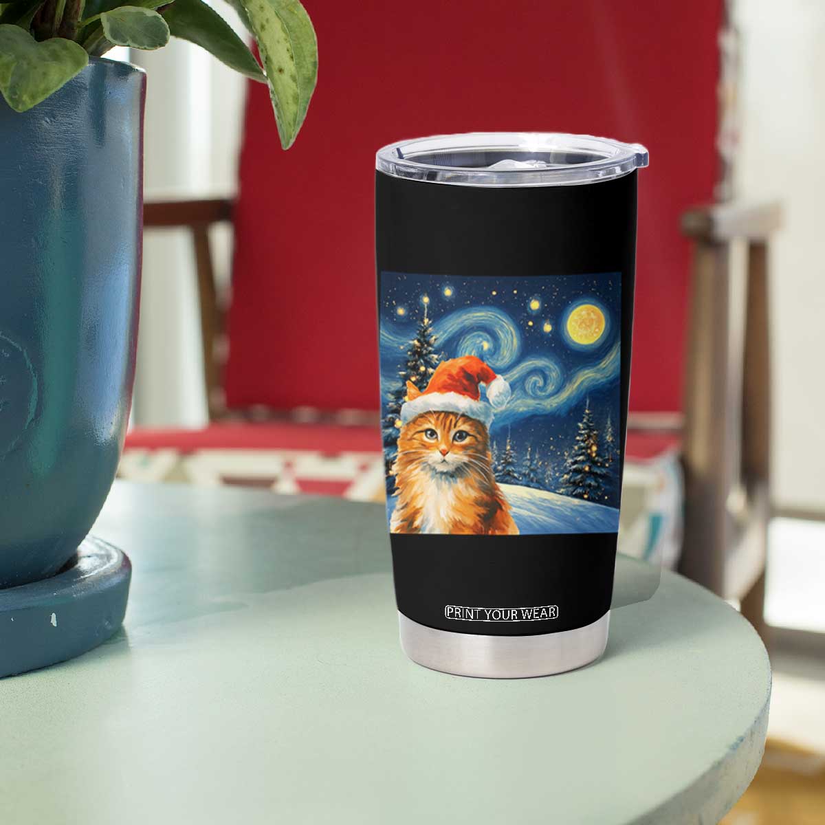 Christmas Van Gogh Cat Tumbler Cup In Santa Hat Starry Night TS12 Print Your Wear