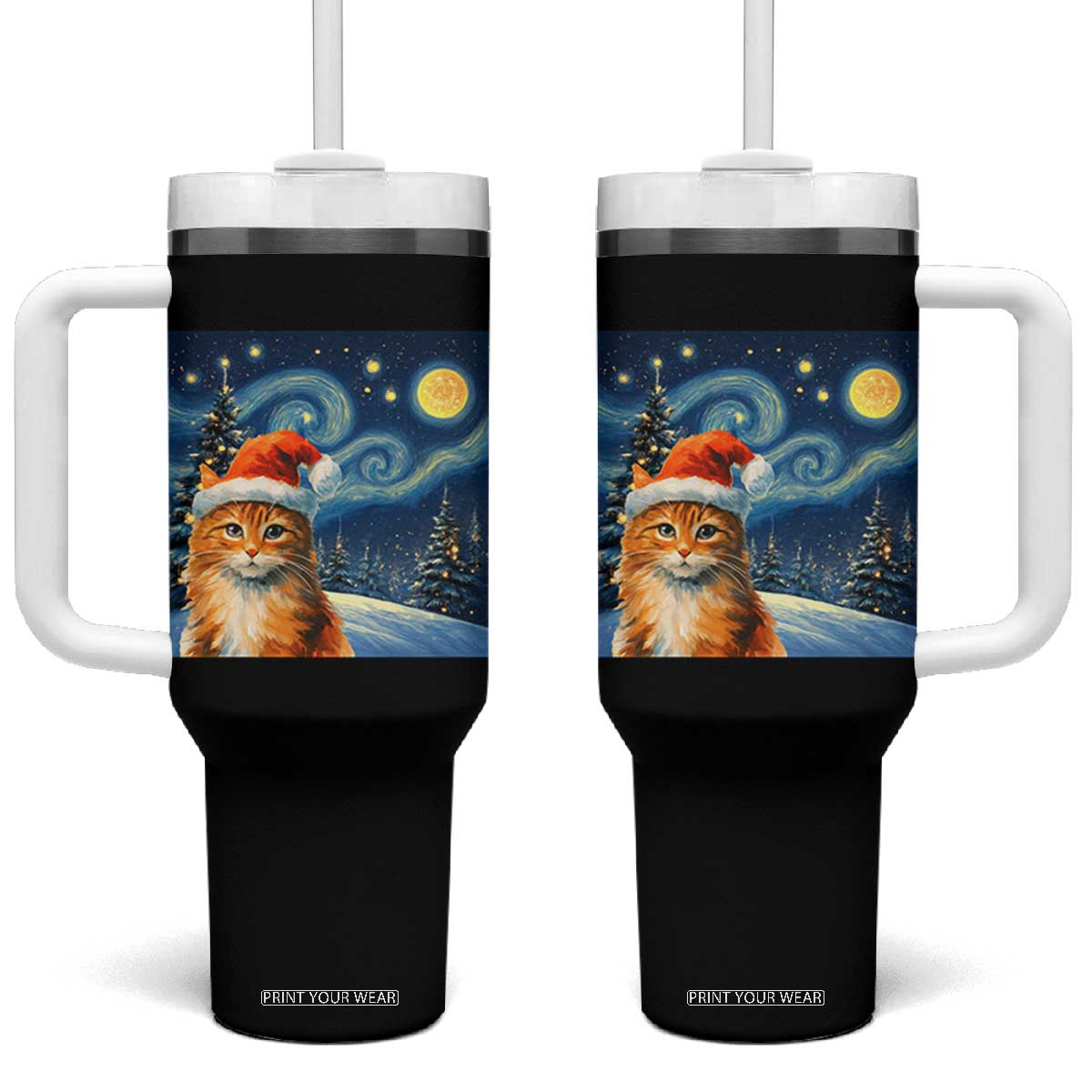 Christmas Van Gogh Cat Tumbler With Handle In Santa Hat Starry Night TS12 One Size: 40 oz Black Print Your Wear