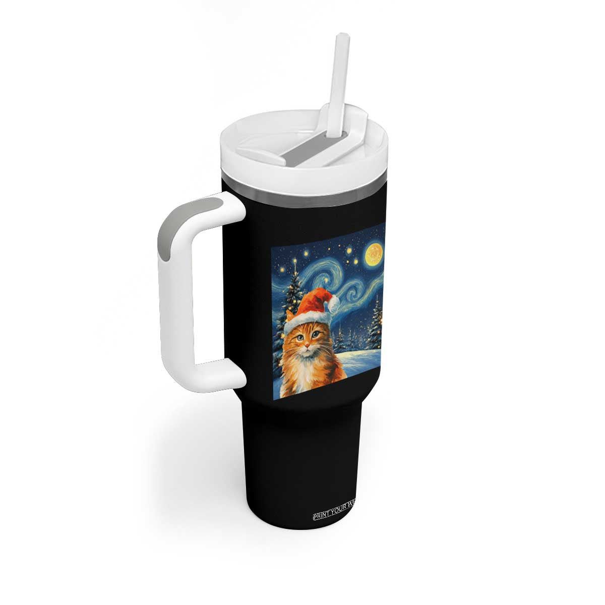 Christmas Van Gogh Cat Tumbler With Handle In Santa Hat Starry Night TS12 Print Your Wear