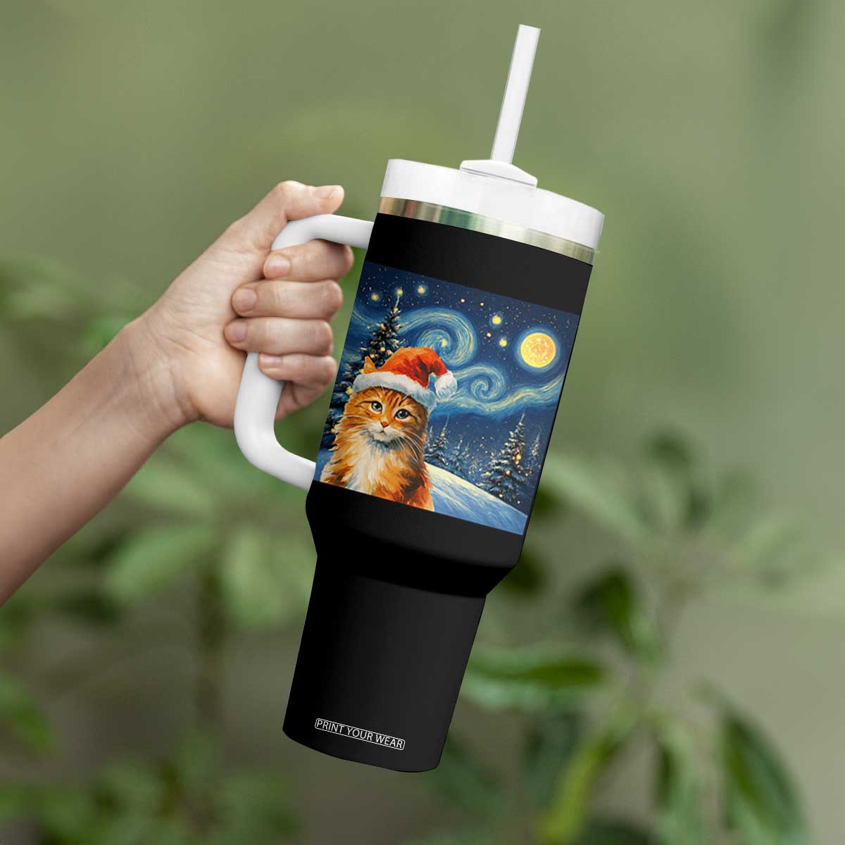 Christmas Van Gogh Cat Tumbler With Handle In Santa Hat Starry Night TS12 Print Your Wear