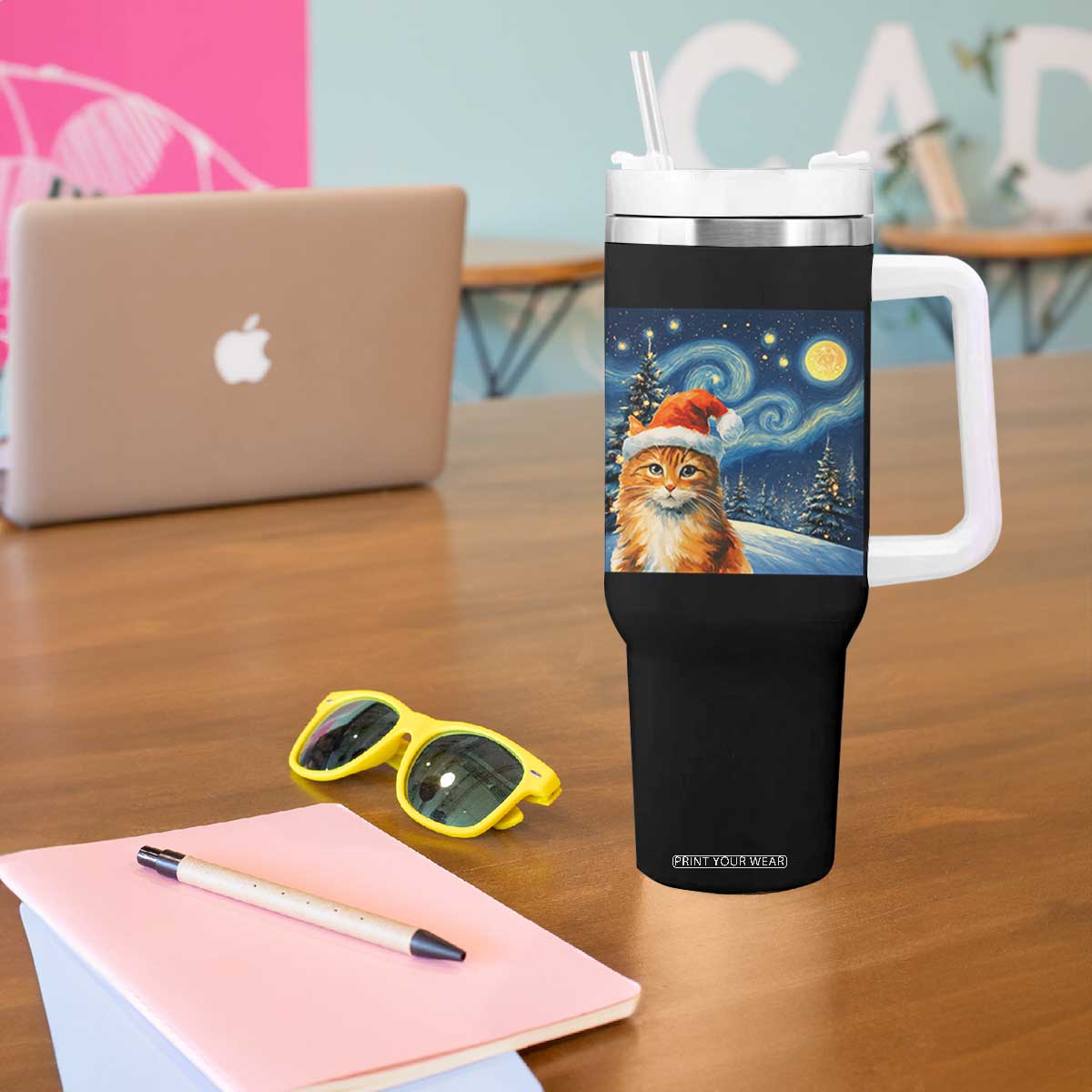 Christmas Van Gogh Cat Tumbler With Handle In Santa Hat Starry Night TS12 Print Your Wear