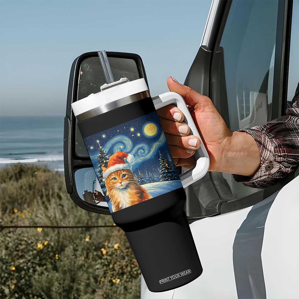 Christmas Van Gogh Cat Tumbler With Handle In Santa Hat Starry Night TS12 Print Your Wear