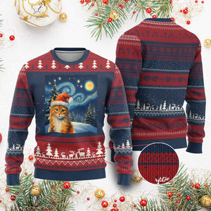 Christmas Van Gogh Cat Ugly Christmas Sweater In Santa Hat Starry Night TS12 Burgundy Print Your Wear