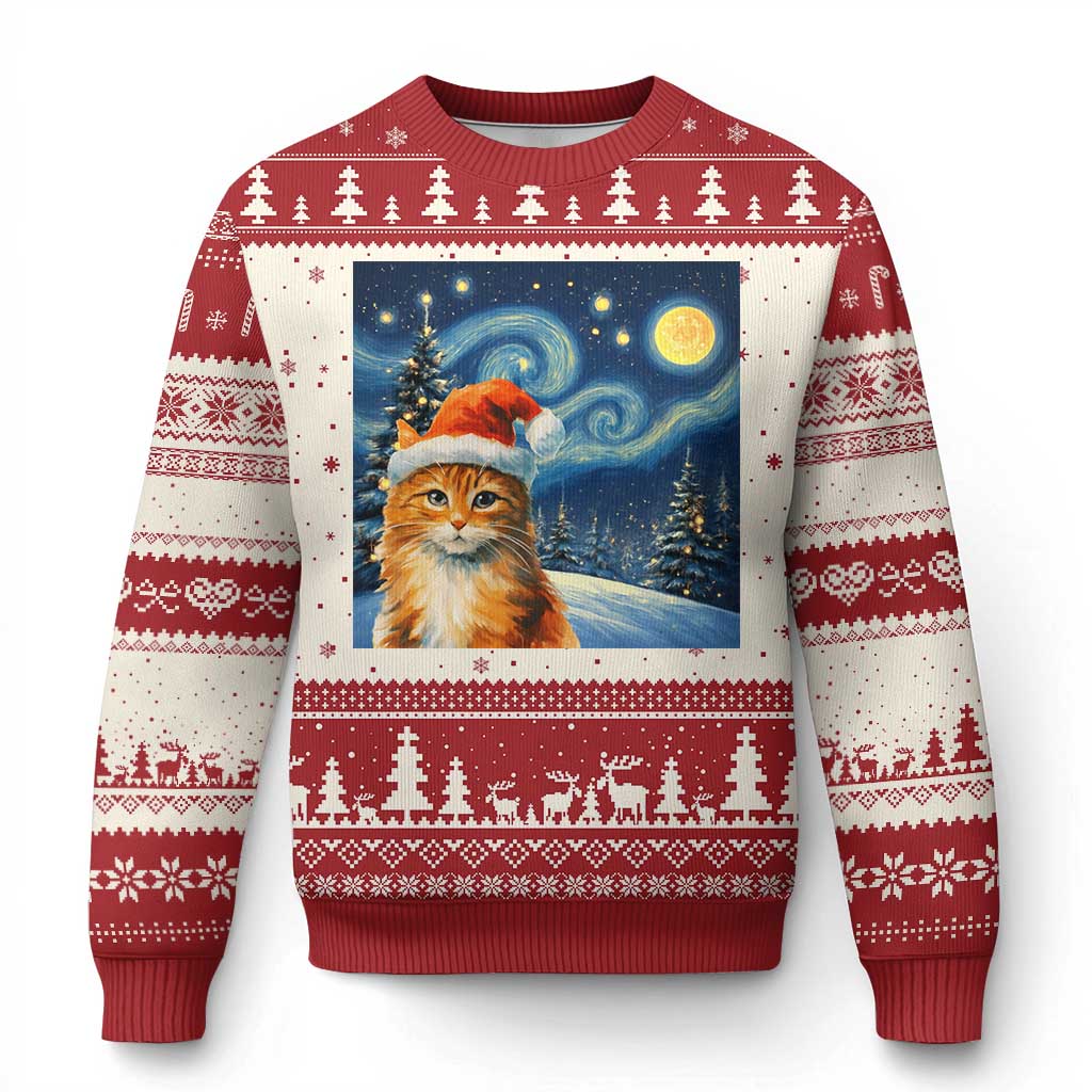 Christmas Van Gogh Cat Ugly Christmas Sweater In Santa Hat Starry Night TS12 Red Print Your Wear