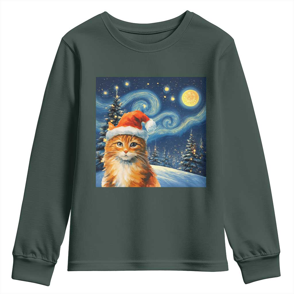 Christmas Van Gogh Cat Youth Sweatshirt In Santa Hat Starry Night TS12 Dark Forest Green Print Your Wear