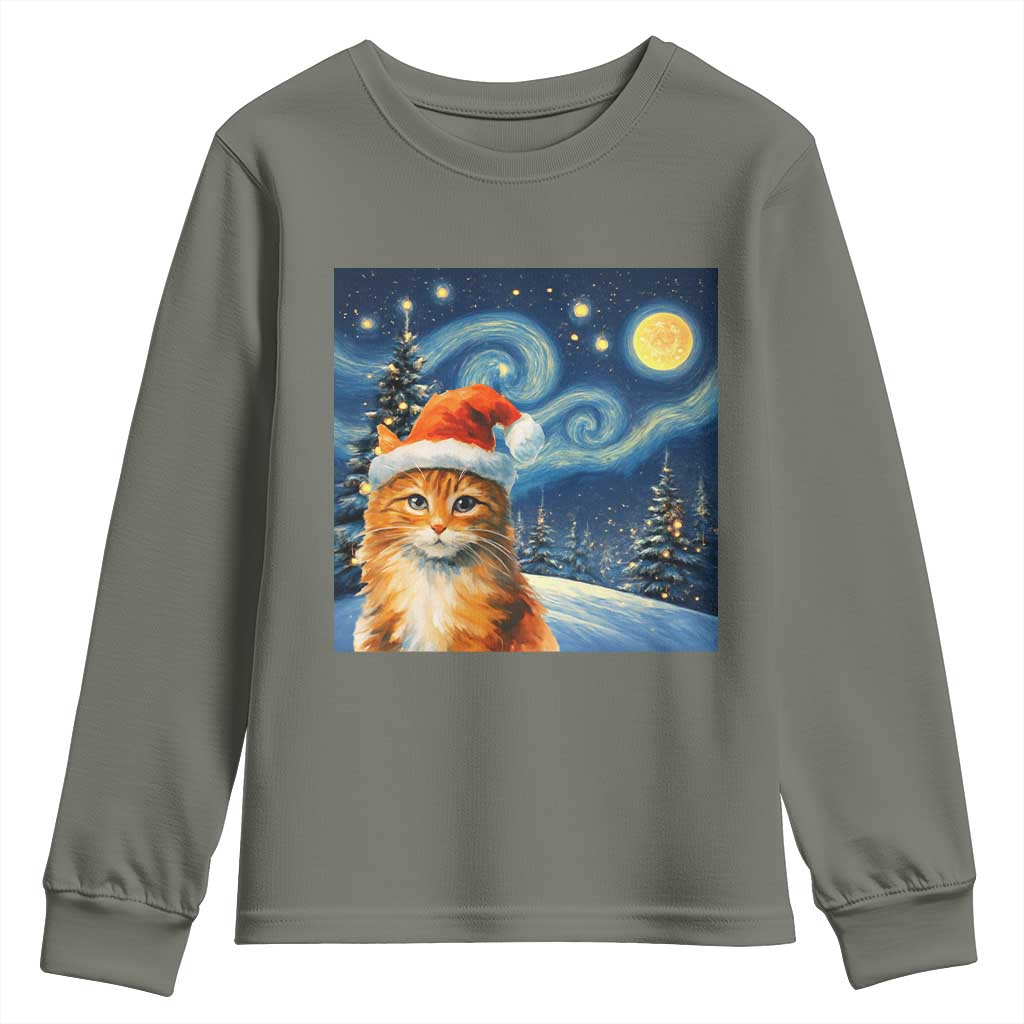 Christmas Van Gogh Cat Youth Sweatshirt In Santa Hat Starry Night TS12 Military Green Print Your Wear
