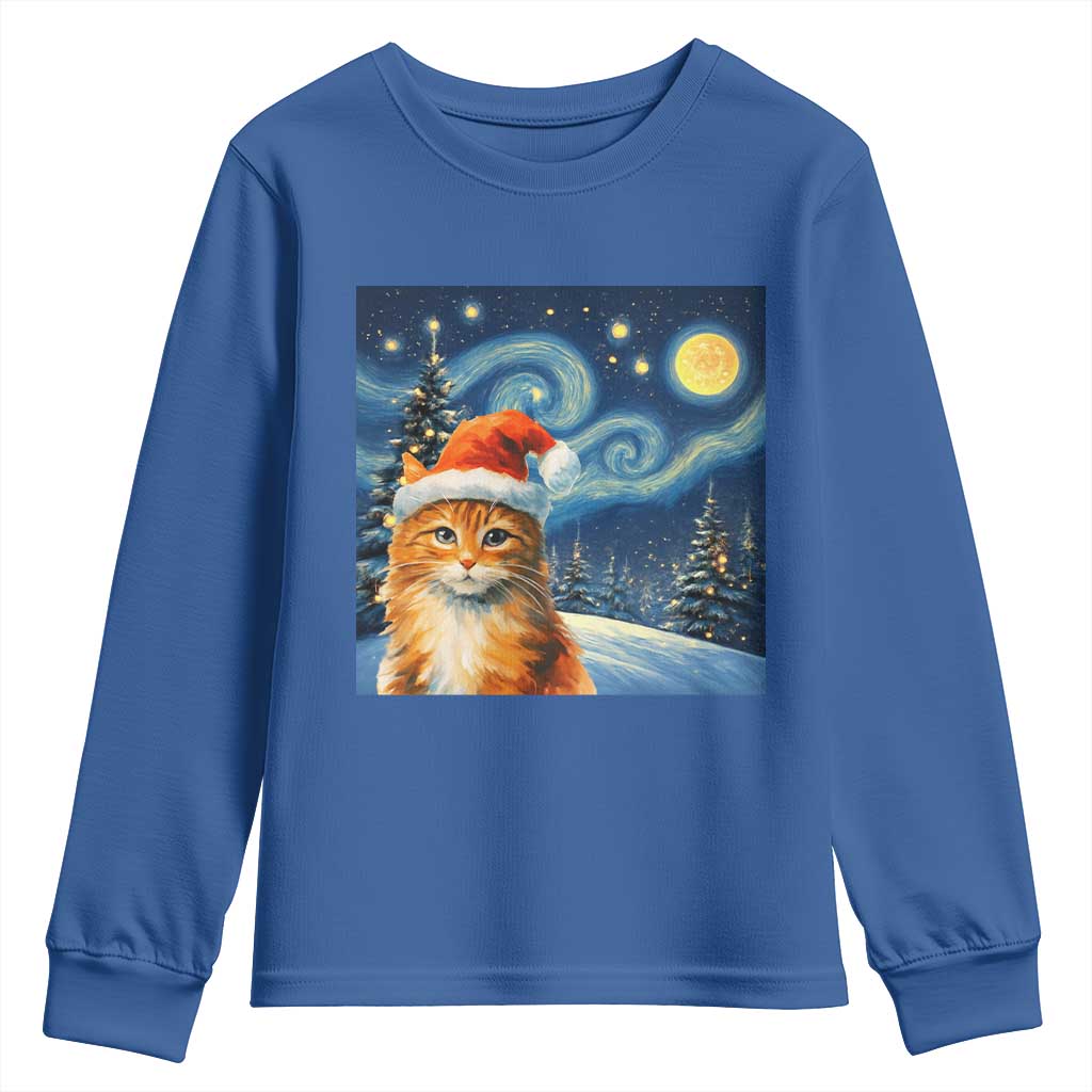 Christmas Van Gogh Cat Youth Sweatshirt In Santa Hat Starry Night TS12 Royal Blue Print Your Wear