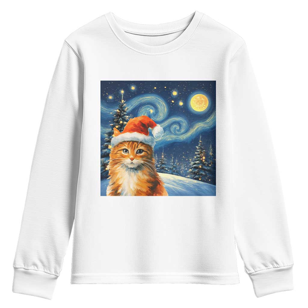 Christmas Van Gogh Cat Youth Sweatshirt In Santa Hat Starry Night TS12 White Print Your Wear