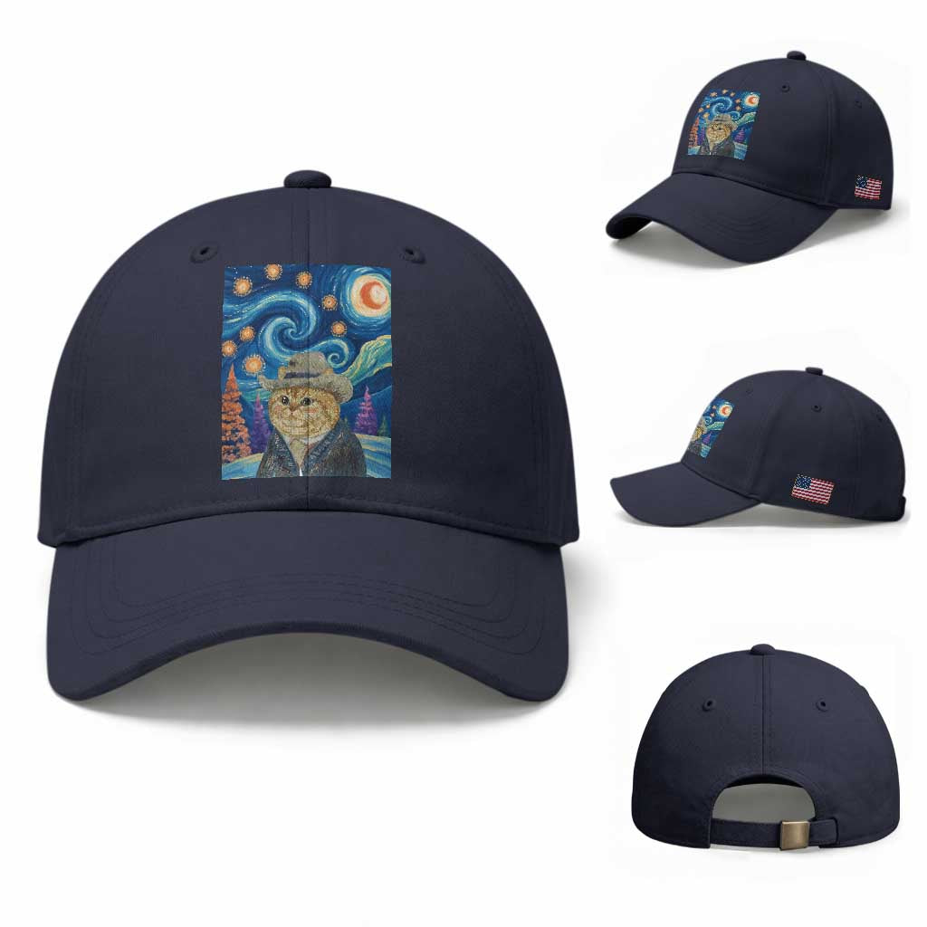 Funny Van Gogh Cat in Starry Night Baseball Cap TS12 Baseball Cap Universal Fit Navy Print Your Wear