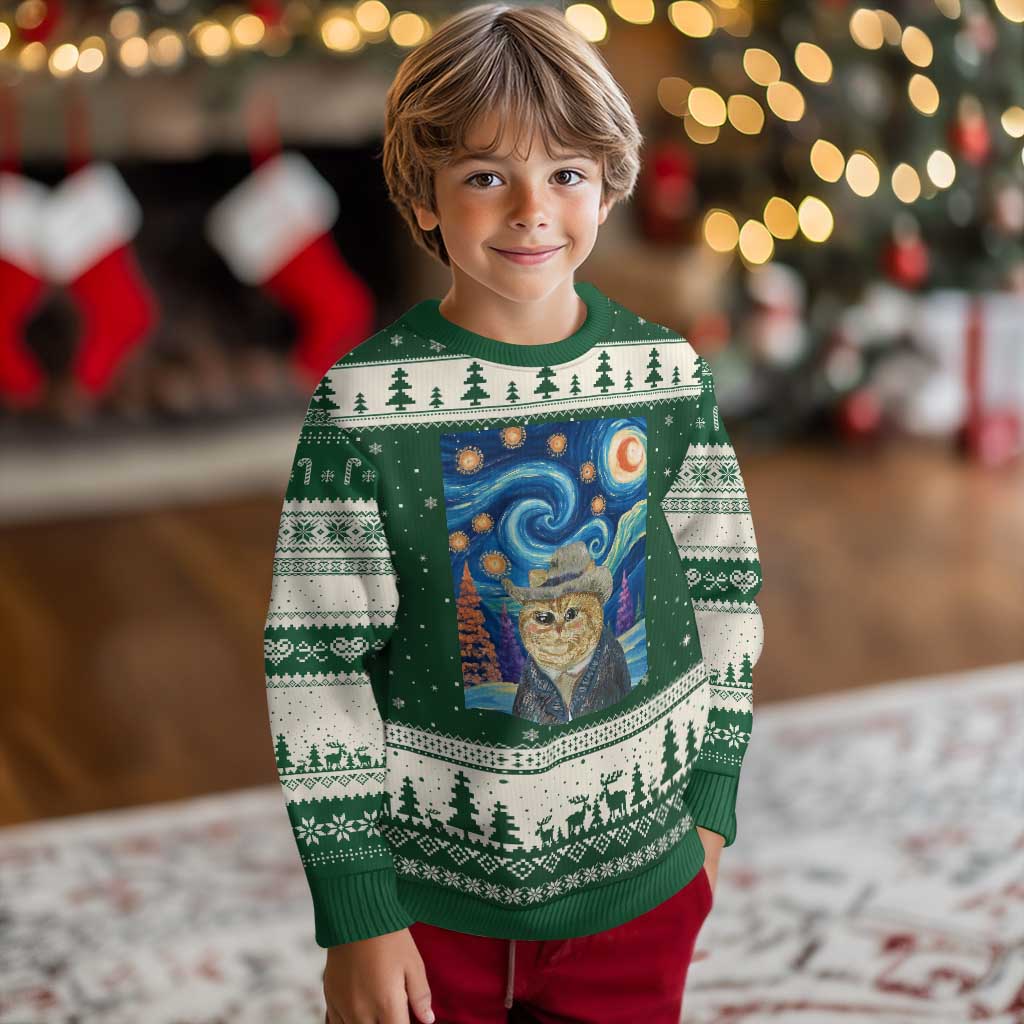 Funny Van Gogh Cat in Starry Night Ugly Christmas Sweater TS12 Forest Green Beige Print Your Wear