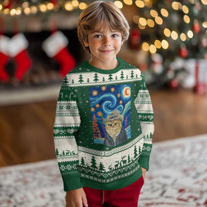 Funny Van Gogh Cat in Starry Night Ugly Christmas Sweater TS12 Forest Green Beige Print Your Wear