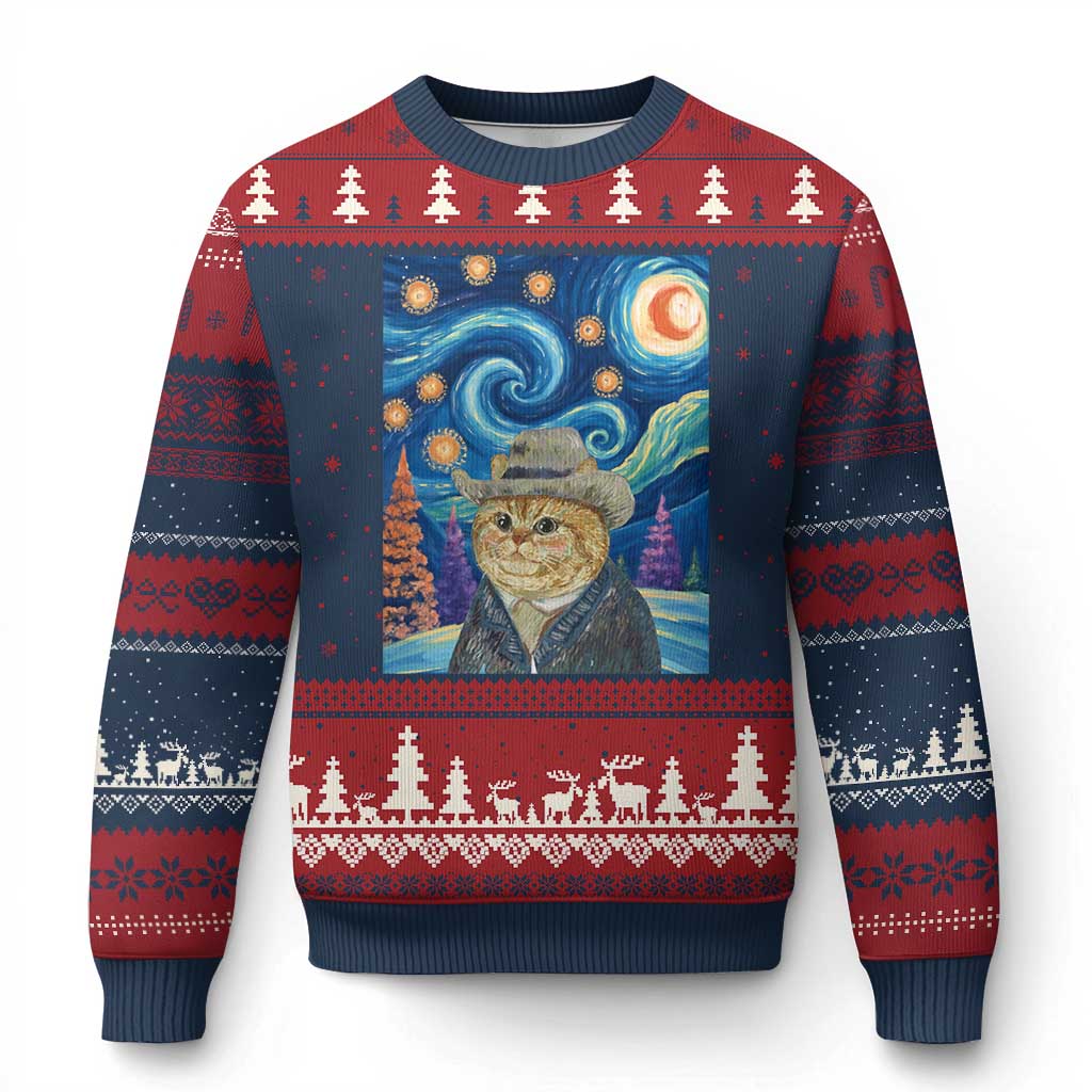 Funny Van Gogh Cat in Starry Night Ugly Christmas Sweater TS12 Navy Red Print Your Wear