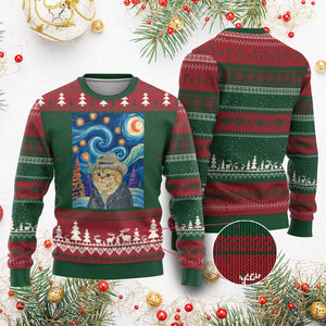 Funny Van Gogh Cat in Starry Night Ugly Christmas Sweater TS12 Red Green Print Your Wear