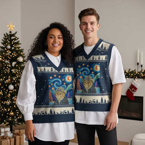 Funny Van Gogh Cat in Starry Night V-Neck Knit Sweater Vest TS12 Navy Beige Print Your Wear