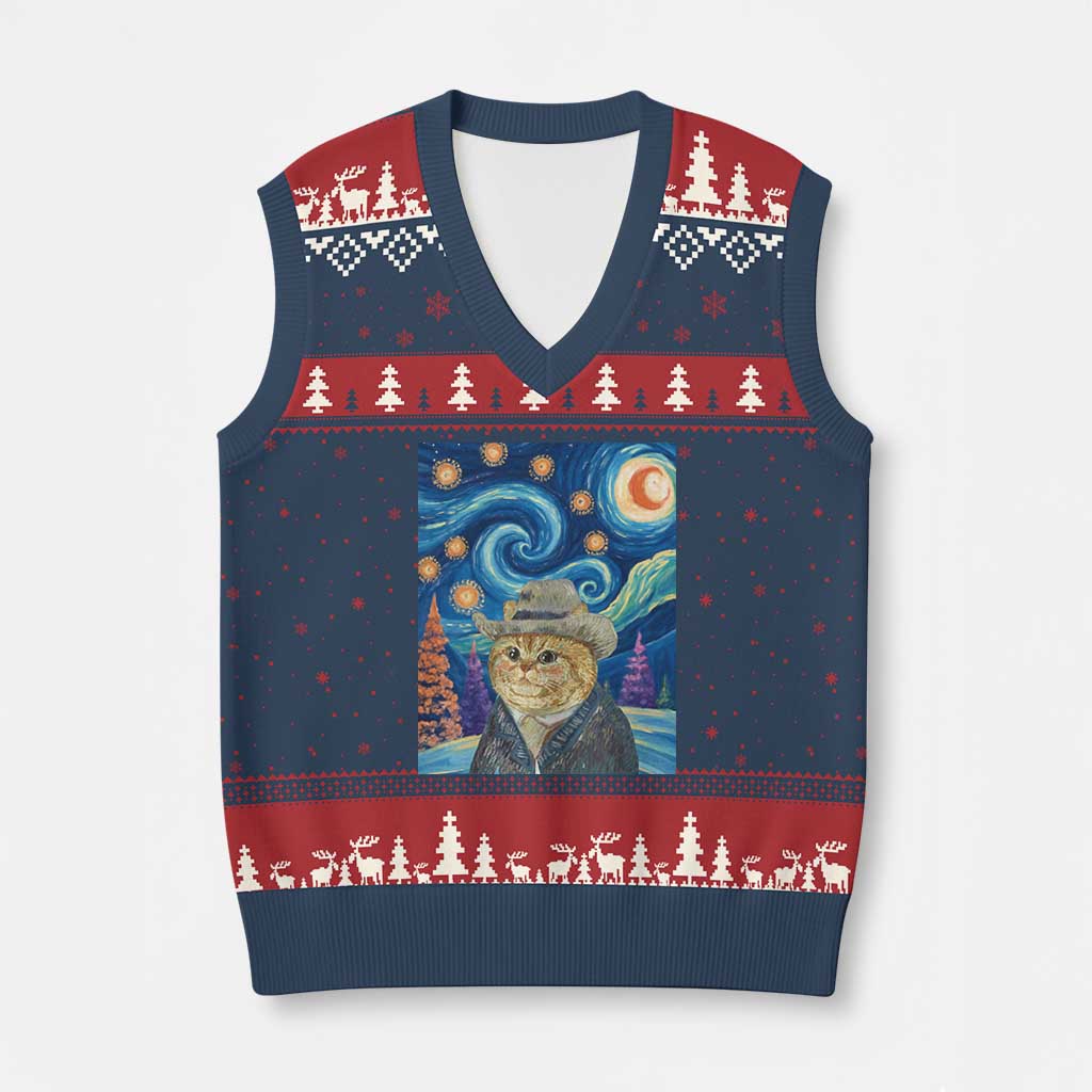 Funny Van Gogh Cat in Starry Night V-Neck Knit Sweater Vest TS12 Navy Red Print Your Wear