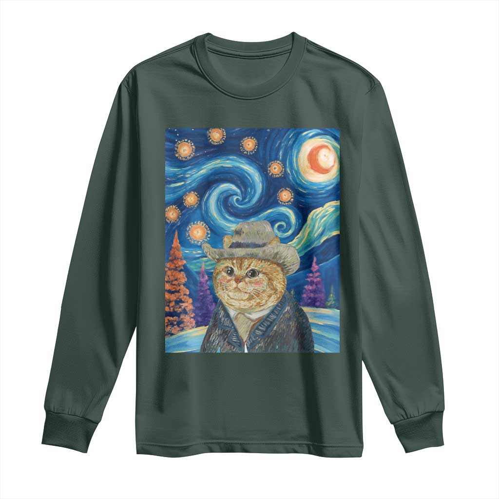 Funny Van Gogh Cat in Starry Night Long Sleeve Shirt TS12 Dark Forest Green Print Your Wear