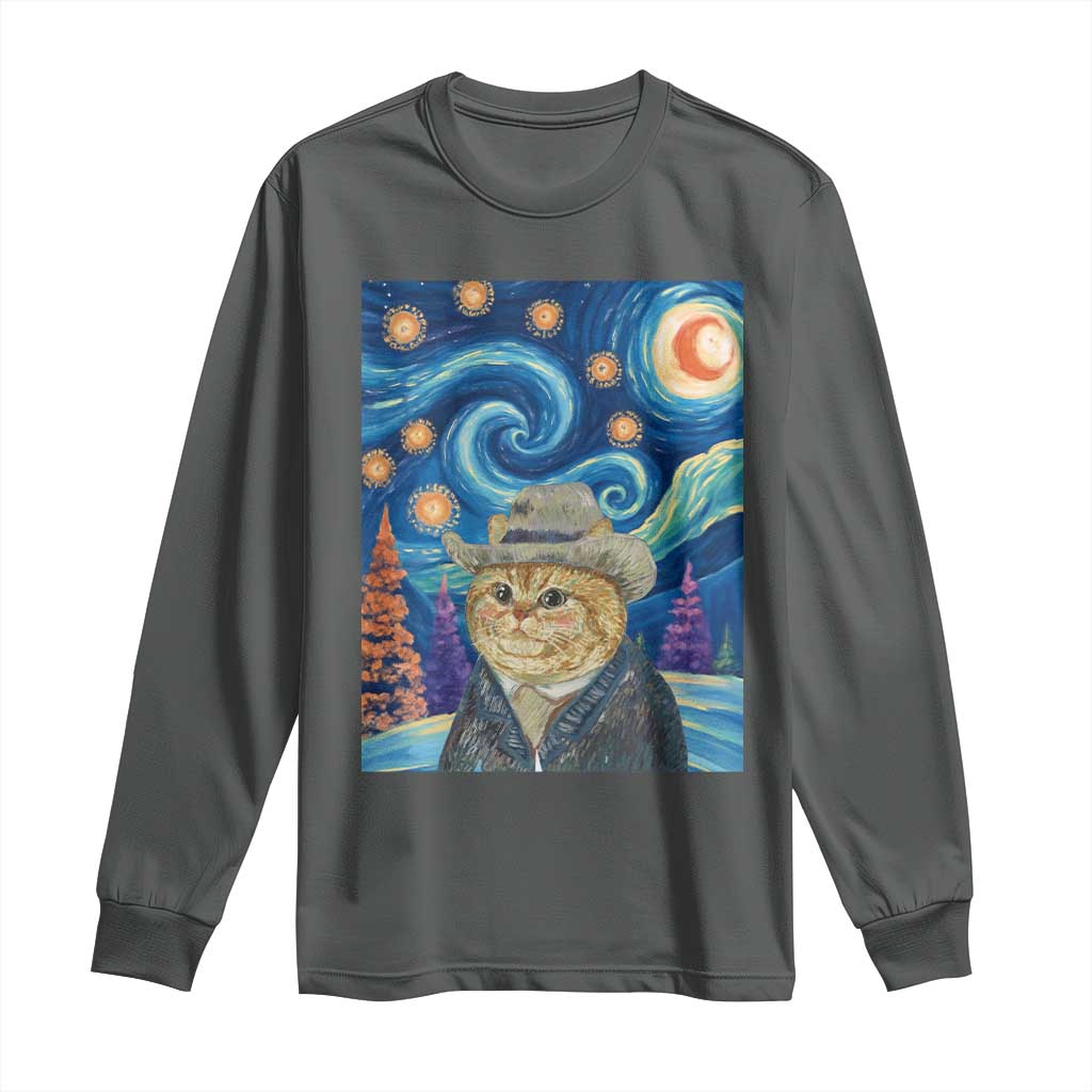Funny Van Gogh Cat in Starry Night Long Sleeve Shirt TS12 Dark Heather Print Your Wear