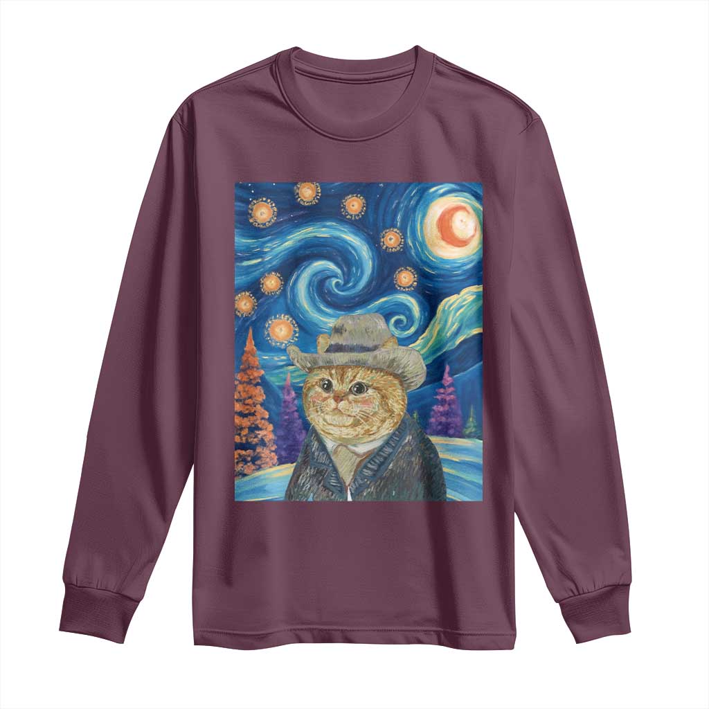 Funny Van Gogh Cat in Starry Night Long Sleeve Shirt TS12 Maroon Print Your Wear