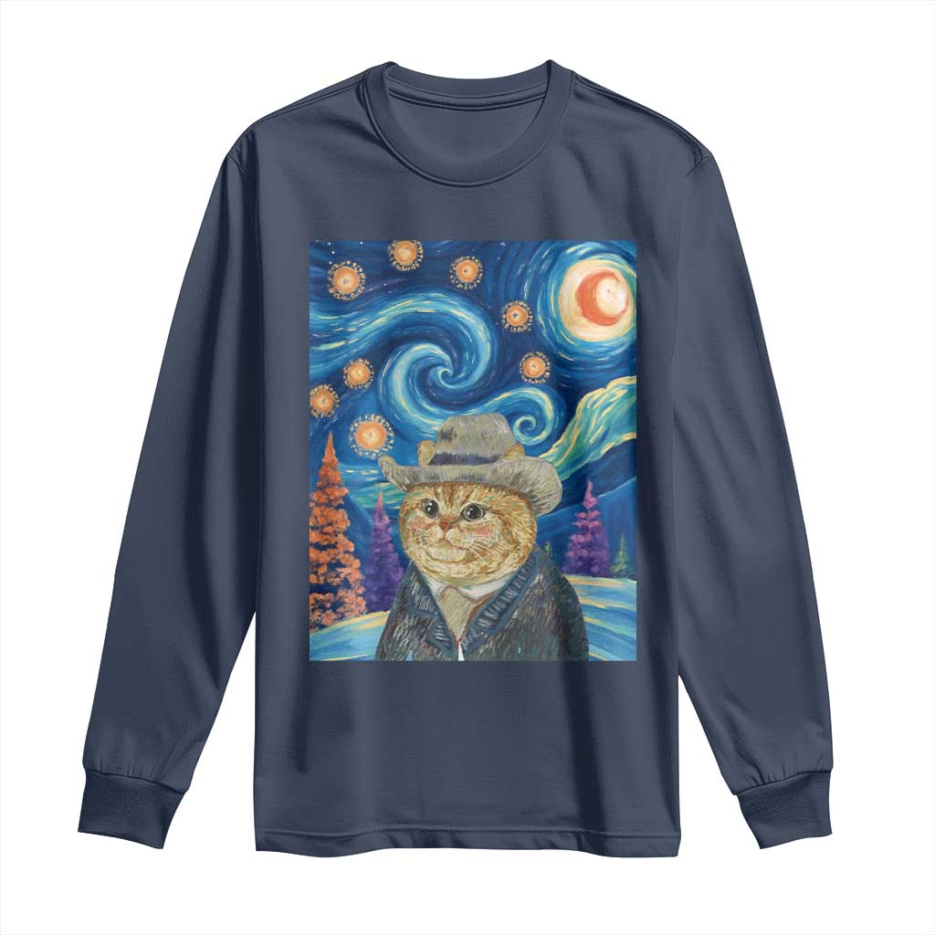 Funny Van Gogh Cat in Starry Night Long Sleeve Shirt TS12 Navy Print Your Wear
