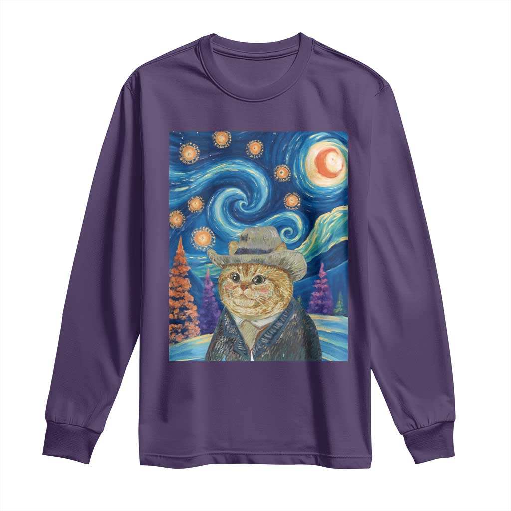 Funny Van Gogh Cat in Starry Night Long Sleeve Shirt TS12 Purple Print Your Wear