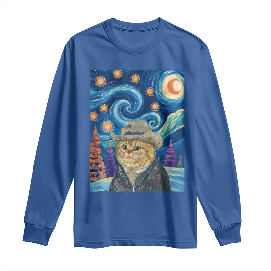 Funny Van Gogh Cat in Starry Night Long Sleeve Shirt TS12 Royal Blue Print Your Wear