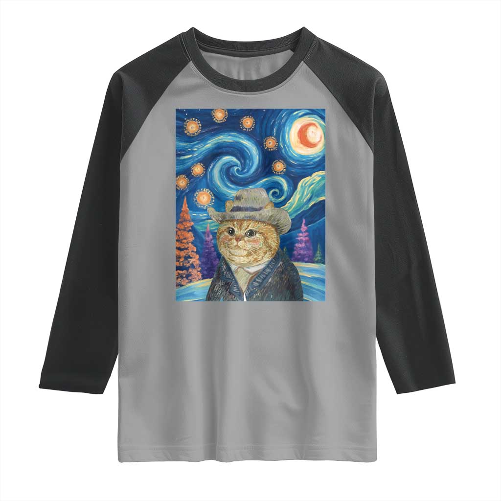 Funny Van Gogh Cat in Starry Night Raglan Shirt TS12 Sport Gray Black Print Your Wear