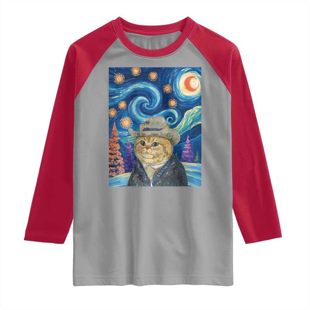 Funny Van Gogh Cat in Starry Night Raglan Shirt TS12 Sport Gray Red Print Your Wear