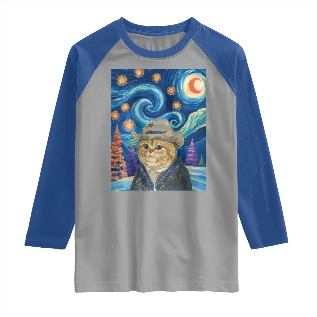 Funny Van Gogh Cat in Starry Night Raglan Shirt TS12 Sport Gray Royal Print Your Wear
