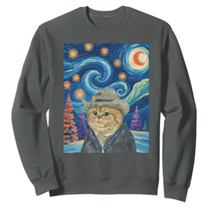 Funny Van Gogh Cat in Starry Night Sweatshirt TS12 Dark Heather Print Your Wear