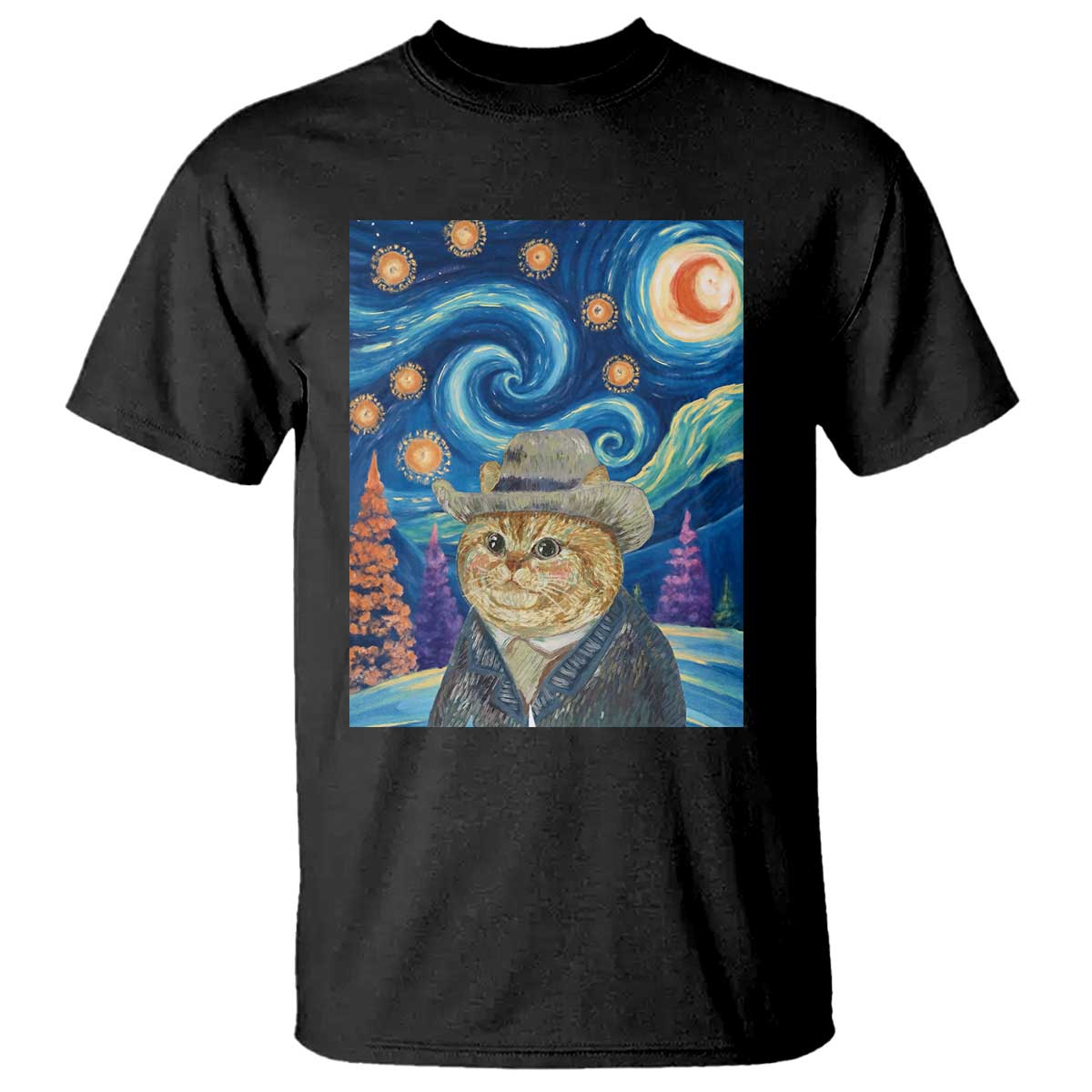 Funny Van Gogh Cat in Starry Night T Shirt TS12 Black Print Your Wear