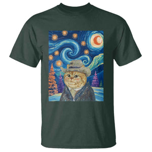 Funny Van Gogh Cat in Starry Night T Shirt TS12 Dark Forest Green Print Your Wear