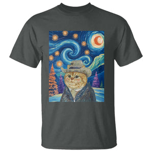 Funny Van Gogh Cat in Starry Night T Shirt TS12 Dark Heather Print Your Wear