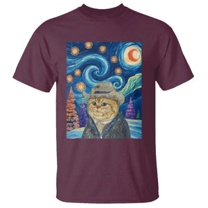 Funny Van Gogh Cat in Starry Night T Shirt TS12 Maroon Print Your Wear