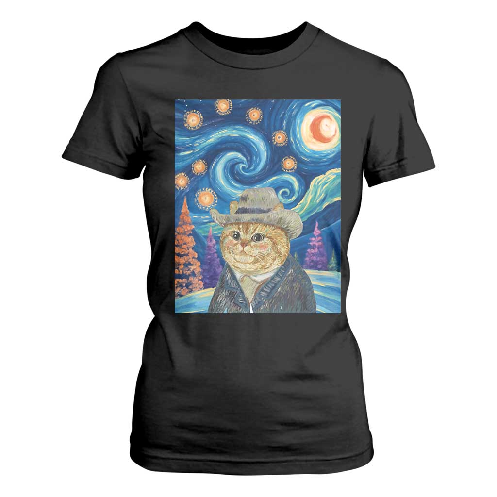 Funny Van Gogh Cat in Starry Night T Shirt For Women TS12 Black Print Your Wear