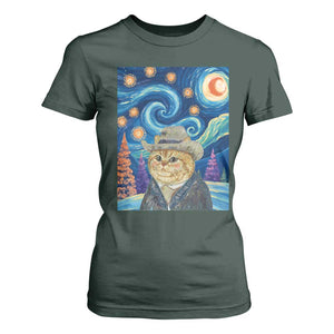 Funny Van Gogh Cat in Starry Night T Shirt For Women TS12 Dark Forest Green Print Your Wear