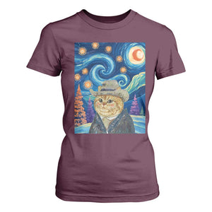 Funny Van Gogh Cat in Starry Night T Shirt For Women TS12 Maroon Print Your Wear