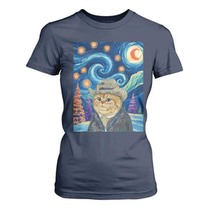 Funny Van Gogh Cat in Starry Night T Shirt For Women TS12 Navy Print Your Wear