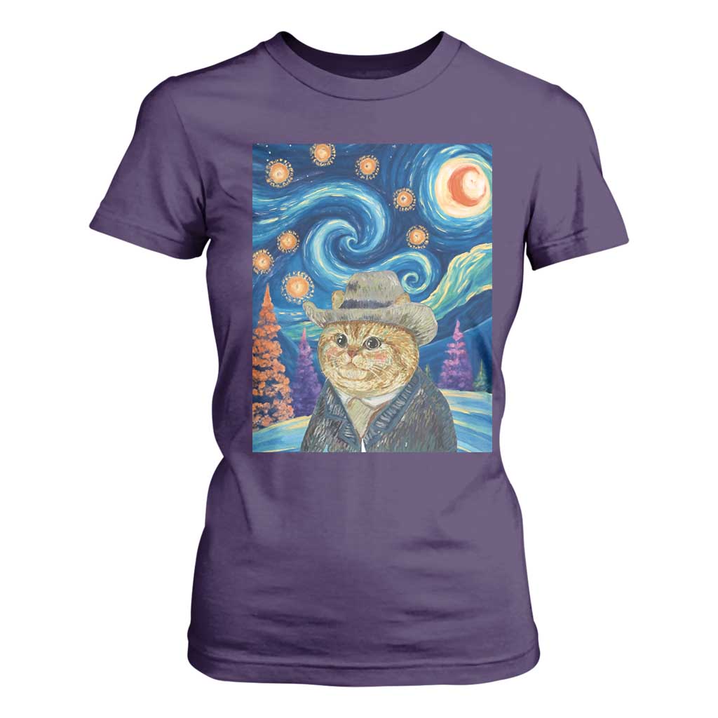 Funny Van Gogh Cat in Starry Night T Shirt For Women TS12 Purple Print Your Wear