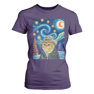 Funny Van Gogh Cat in Starry Night T Shirt For Women TS12 Purple Print Your Wear