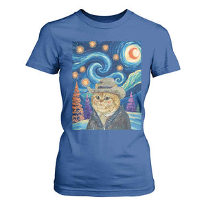 Funny Van Gogh Cat in Starry Night T Shirt For Women TS12 Royal Blue Print Your Wear
