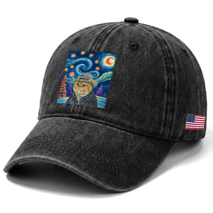 Funny Van Gogh Cat in Starry Night Washed Cotton Baseball Cap TS12 Print Your Wear