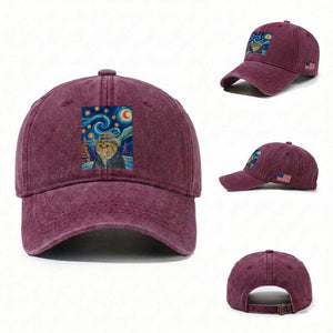 Funny Van Gogh Cat in Starry Night Washed Cotton Baseball Cap TS12 Washed Cap Universal Fit Burgundy Print Your Wear