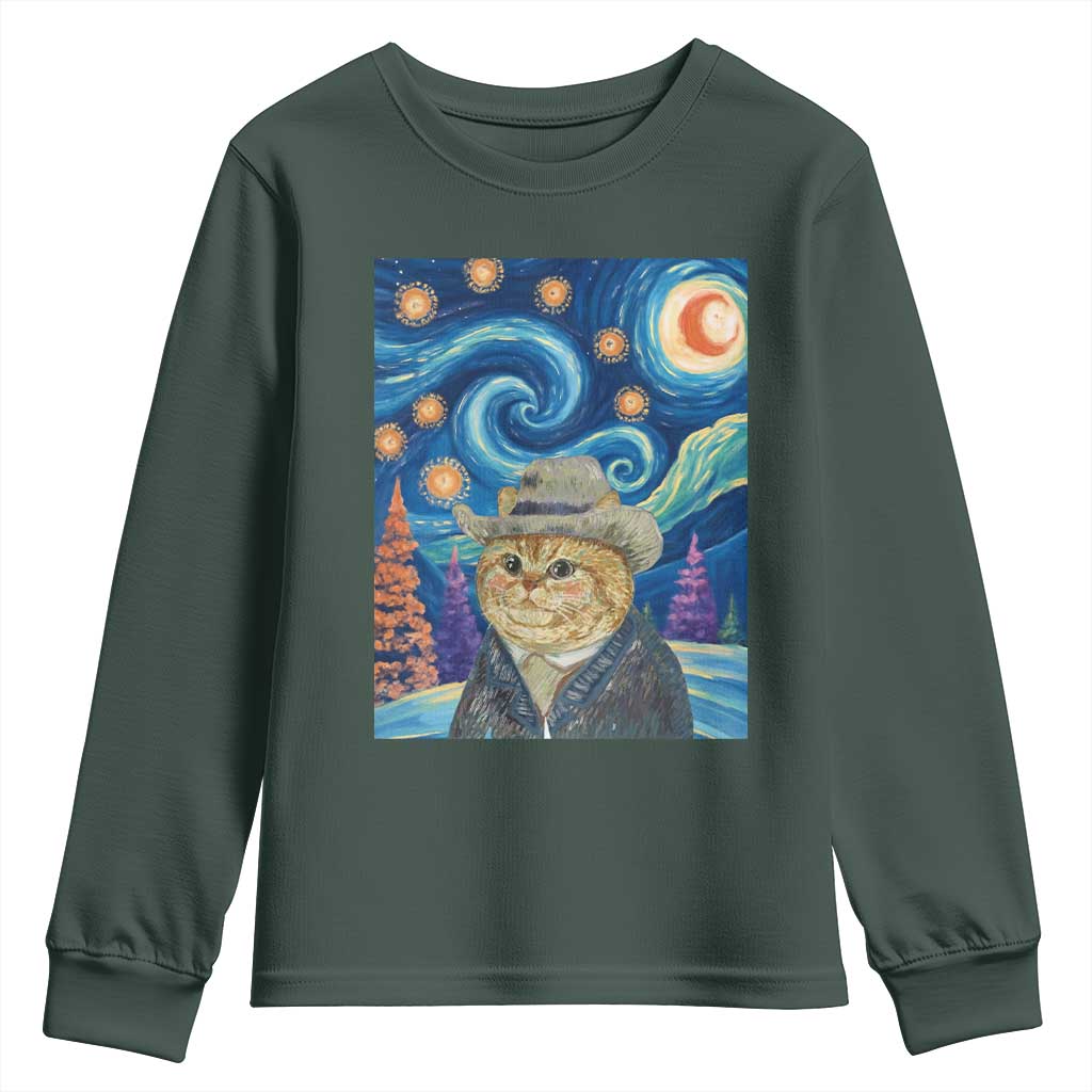 Funny Van Gogh Cat in Starry Night Youth Sweatshirt TS12 Dark Forest Green Print Your Wear