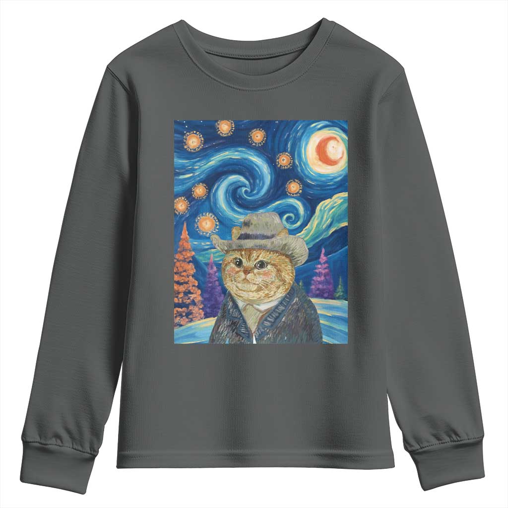 Funny Van Gogh Cat in Starry Night Youth Sweatshirt TS12 Dark Heather Print Your Wear