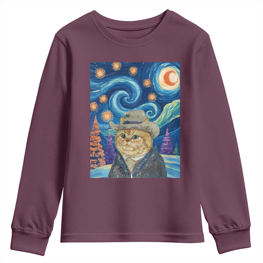 Funny Van Gogh Cat in Starry Night Youth Sweatshirt TS12 Maroon Print Your Wear