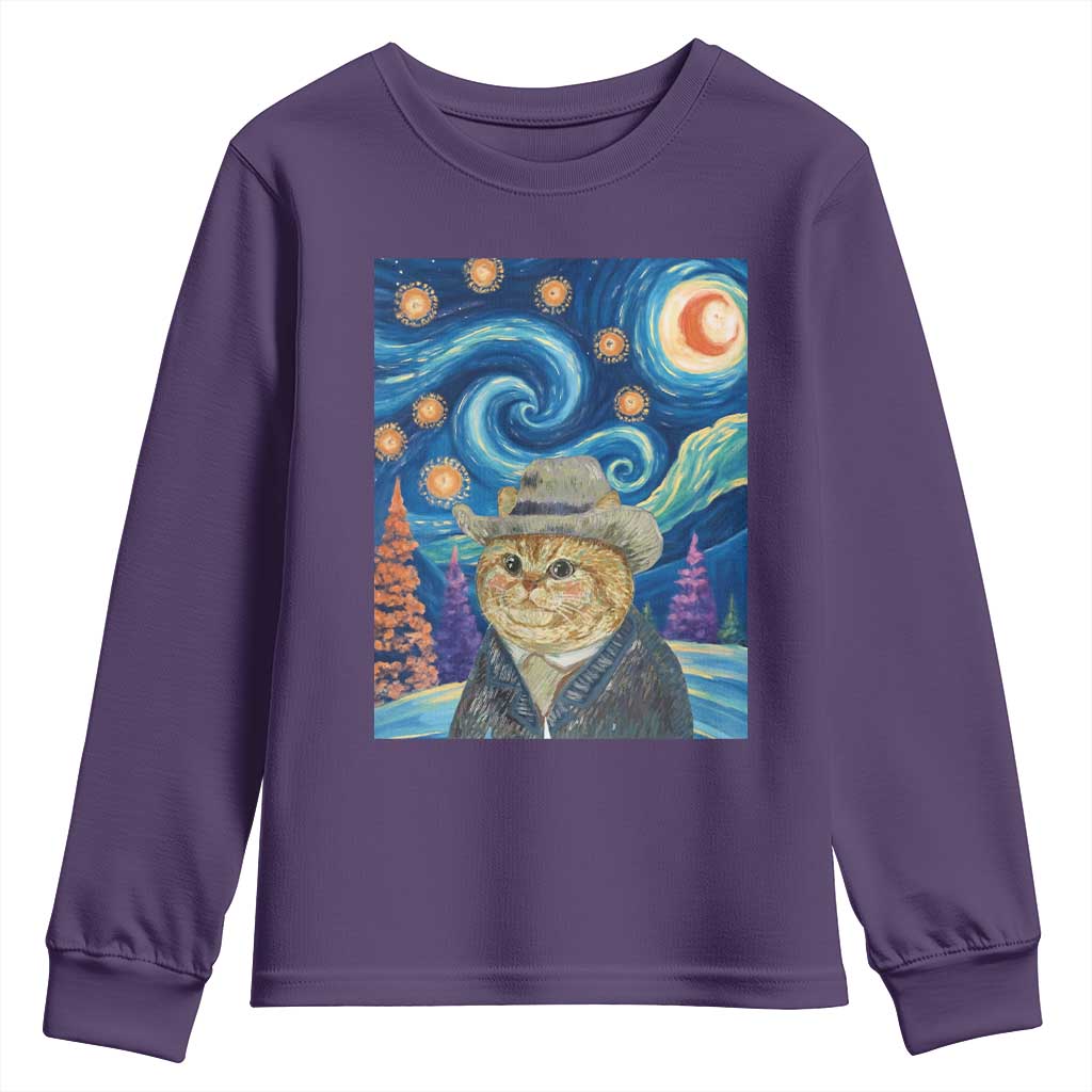Funny Van Gogh Cat in Starry Night Youth Sweatshirt TS12 Purple Print Your Wear