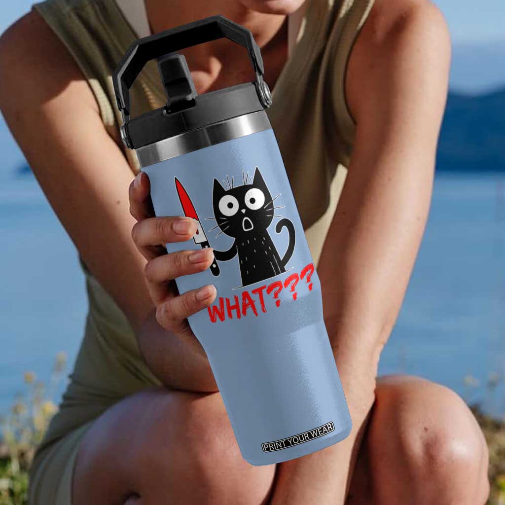 Black Cat Halloween Flip Straw Tumbler What Killer Kitten With Knife TS12 One Size: 30 oz Light Blue Print Your Wear